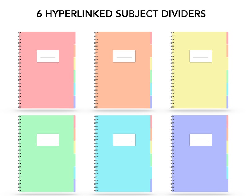 May include: Six colorful subject dividers for a spiral bound notebook. Each divider has a white label and a rainbow of colors along the edge.