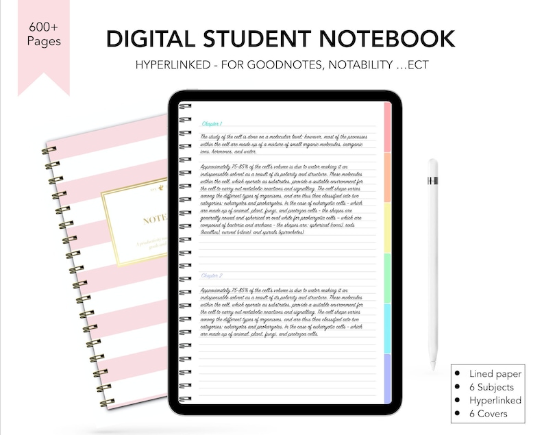 May include: A digital student notebook with a pink and white striped cover. The notebook is open to a page with handwritten notes about cell structure. The text on the screen reads "DIGITAL STUDENT NOTEBOOK" and "HYPERLINKED - FOR GOODNOTES, NOTABILITY...ECT".