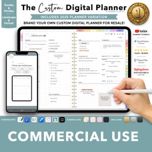 May include: A digital planner template with a pink, blue and yellow colour scheme. The planner includes a weekly layout, daily schedule and notes section. The text "The Custom Digital Planner" is displayed at the top of the image. The text "Includes 2025 Planner Variation" is displayed below the title. The text "Brand Your Own Custom Digital Planner for Resale!" is displayed below the variation text. The text "Commercial Use" is displayed at the bottom of the image.