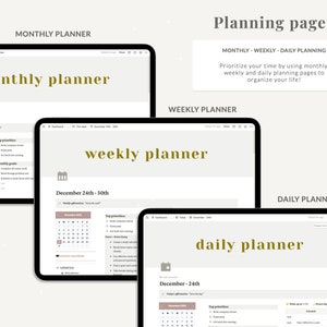 Puede incluir: Un planificador digital con tres vistas diferentes: mensual, semanal y diaria. El planificador tiene un fondo marr&oacute;n claro con texto e iconos dorados. El texto "planificador mensual", "planificador semanal" y "planificador diario" se muestra en letras grandes y negritas. La vista mensual muestra un calendario para diciembre, la vista semanal muestra un calendario para el 24-30 de diciembre y la vista diaria muestra un calendario para el 24 de diciembre.