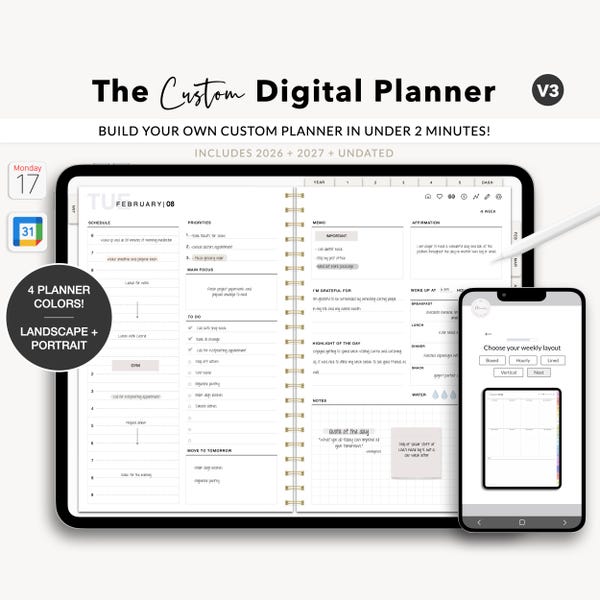Custom Digital Planner: 2026-2027 Undated, iPad & Tablet