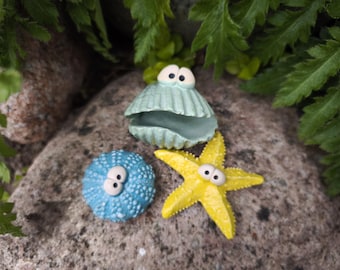 Maritimes TRIO: Muschel, Seestern und Seeigel  | Urlaubsfeeling am Gartenteich | Keramikmuschel, Keramik Seestern, Keramikigel