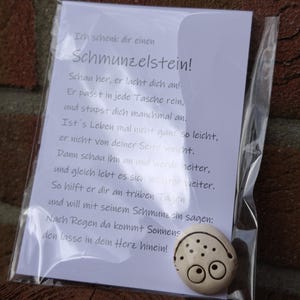 Könnte beinhalten: Eine durchsichtige Plastiktüte mit einer weißen Karte mit deutschem Text und einem kleinen, hellen Stein, der mit einem handgezeichneten Gesicht mit zwei großen Augen und mehreren Punkten versehen ist, unten rechts auf der Karte.