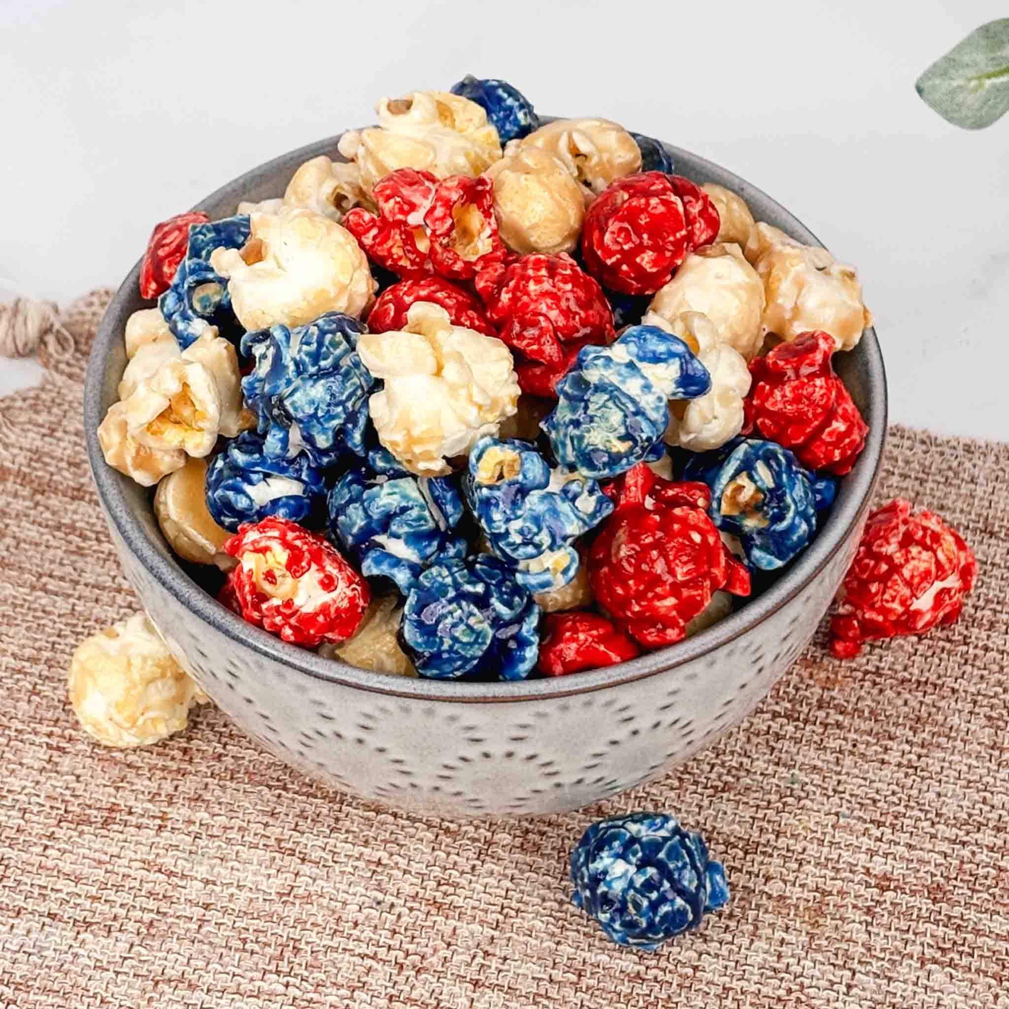 red, white, and blue candy popcorn mix