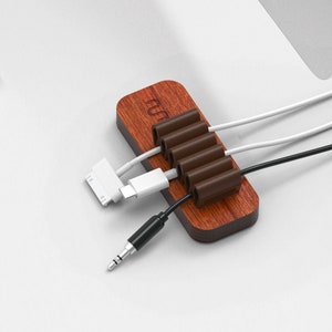 Walnut Wood & Leather Cable Organizer, Cord Management for Desk, Cable Holder
