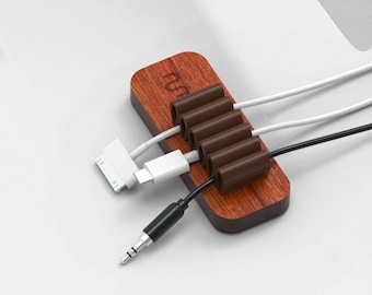 Walnut Wood & Leather Cable Organizer, Cord Management for Desk, Cable Holder