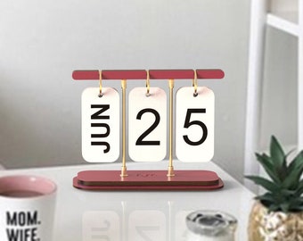 Burgundy Perpetual Desk Calendar, Turning Calendar, Wood & Metal Calendar