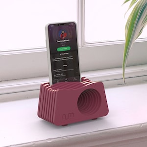 Burgundy Phone Amplifier, Passive Speaker, Charging Dock, Phone Stand