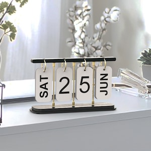 Black Perpetual Desk Calendar, Turning Calendar, Wood & Metal Calendar