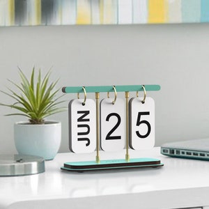 Calendario de escritorio perpetuo de menta, calendario giratorio, calendario de madera y metal