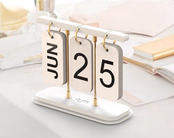 White Perpetual Desk Calendar, Turning Calendar, Wood & Metal Calendar