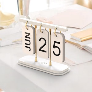 White Perpetual Desk Calendar, Turning Calendar, Wood & Metal Calendar