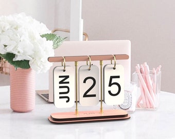 Pink Perpetual Desk Calendar, Turning Calendar, Wood & Metal Calendar