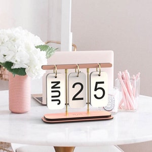 Pink Perpetual Desk Calendar, Turning Calendar, Wood & Metal Calendar