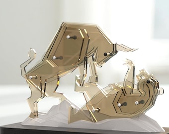 Bull and Bear Acrylic Sculpture, Bull Market Figurine, Bear Market Figurine, Animal Figurine, Home & Office Decoration, Wall Street Decor