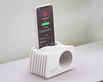 White Phone Amplifier, Passive Speaker, Charging Dock, Phone Stand