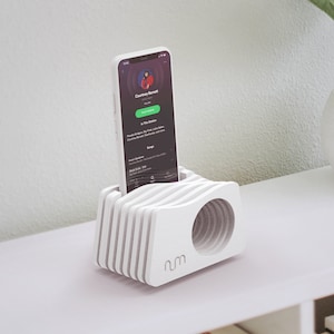 White Phone Amplifier, Passive Speaker, Charging Dock, Phone Stand