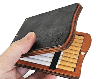 Leather & Wood Cigarette Case, Personalized Cigarette Case, Card Holder, Business Card Case, ID Holder