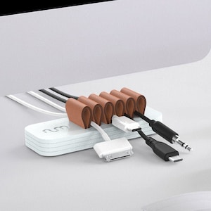 White Wood & Leather Cable Organizer, Cord Management for Desk, Cable Holder