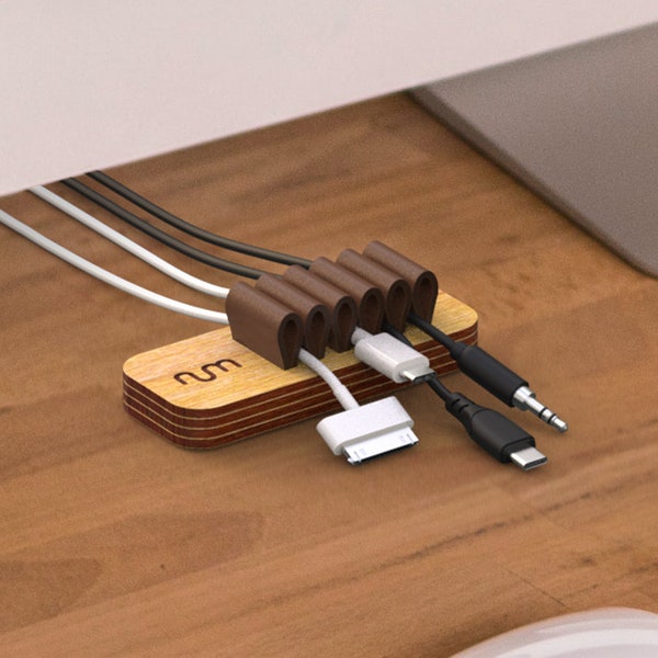 Oak Wood & Leather Cable Organizer, Cord Management for Desk, Cable Holder