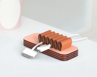 Pink Wood & Leather Cable Organizer, Cord Management for Desk, Cable Holder