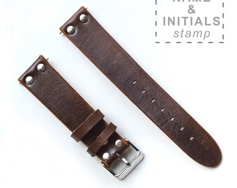 Personalized Dark Brown Watch Strap, Rivet Pilot Watch Band , Handmade Leather Strap,  18 mm, 20 mm, 22mm, 24mm