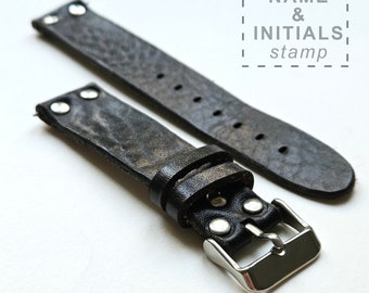 Personalized Black Watch Strap, Rivet Pilot Watch Band , Handmade Leather Strap,  18 mm, 20 mm, 22mm, 24mm