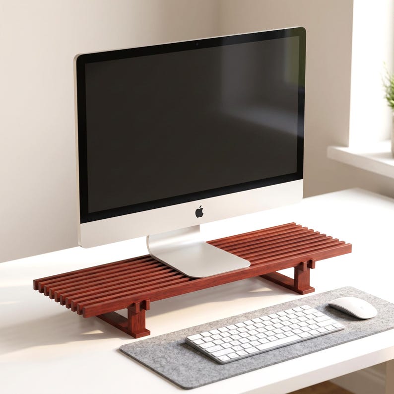 Op de afbeelding: Een rechthoekige monitorstandaard gemaakt van donker roodbruin hout met een lattenoppervlak. De standaard wordt ondersteund door twee stevige houten poten en houdt een zilveren computermonitor met een zwart scherm. De standaard staat op een wit bureau.