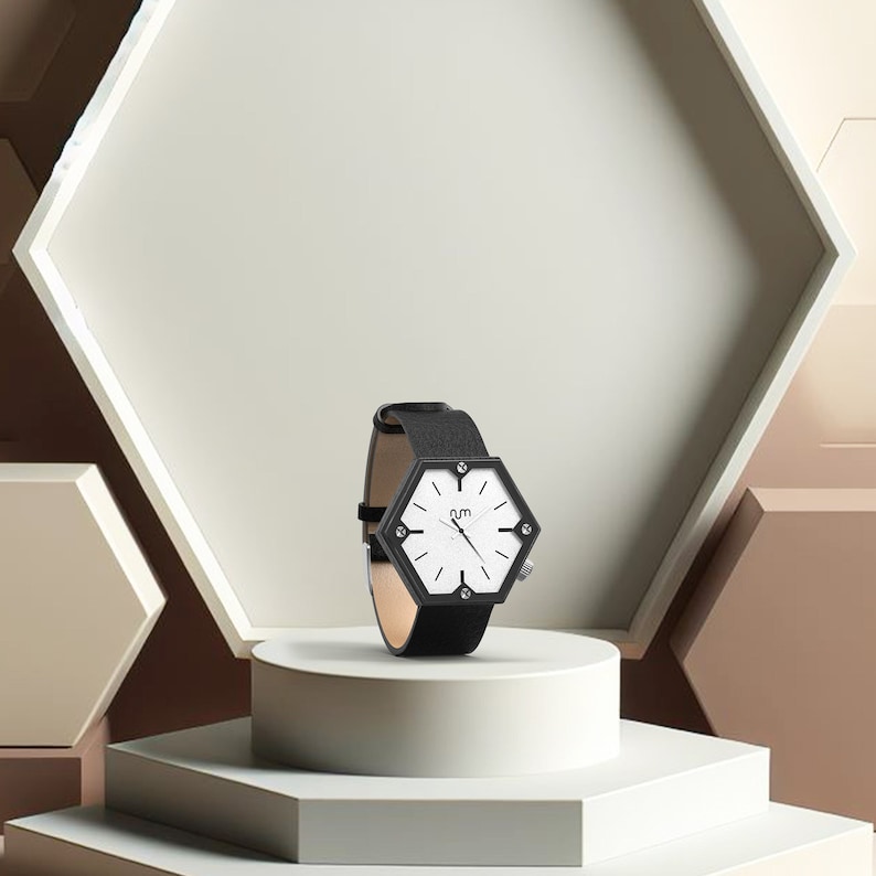 A hexagon wood watch standing on a stand in a photo shoot scene