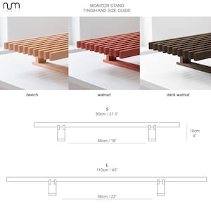 Op de afbeelding: Een monitorstandaard afwerking en maatgids met drie houten lattenontwerpen in beuken, walnoot en donker walnoot. Technische lijntekeningen tonen twee maten: klein van 80cm breed en 10cm hoog, en groot van 110cm breed en 10cm hoog.