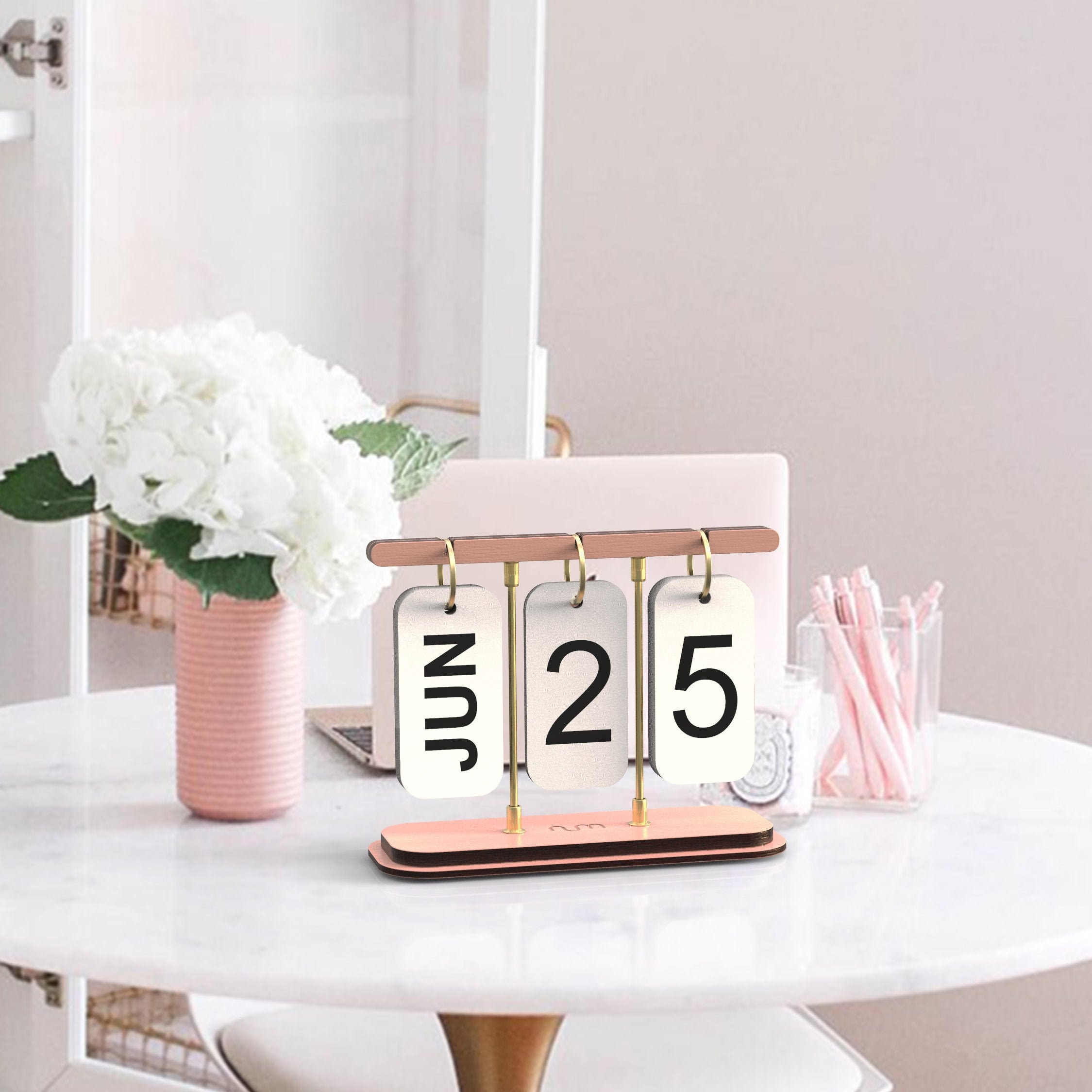 Pink Perpetual Desk Calendar, Turning Calendar, Wood & Metal