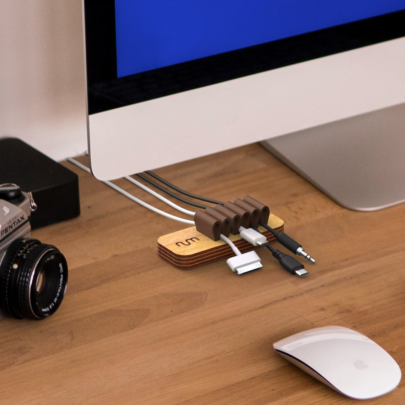 Oak Wood & Leather Cable Organizer Cord Management for Desk Etsy