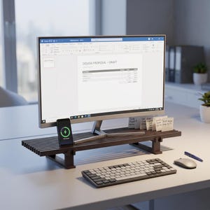 Op de afbeelding: Een donkerbruine monitorstandaard van houten latten ondersteunt een computerscherm met een ontwerpvoorstel. Een smartphone met een groen oplaadicoon staat tegen de standaard, naast verschillende kleine zelfklevende notitieblaadjes.