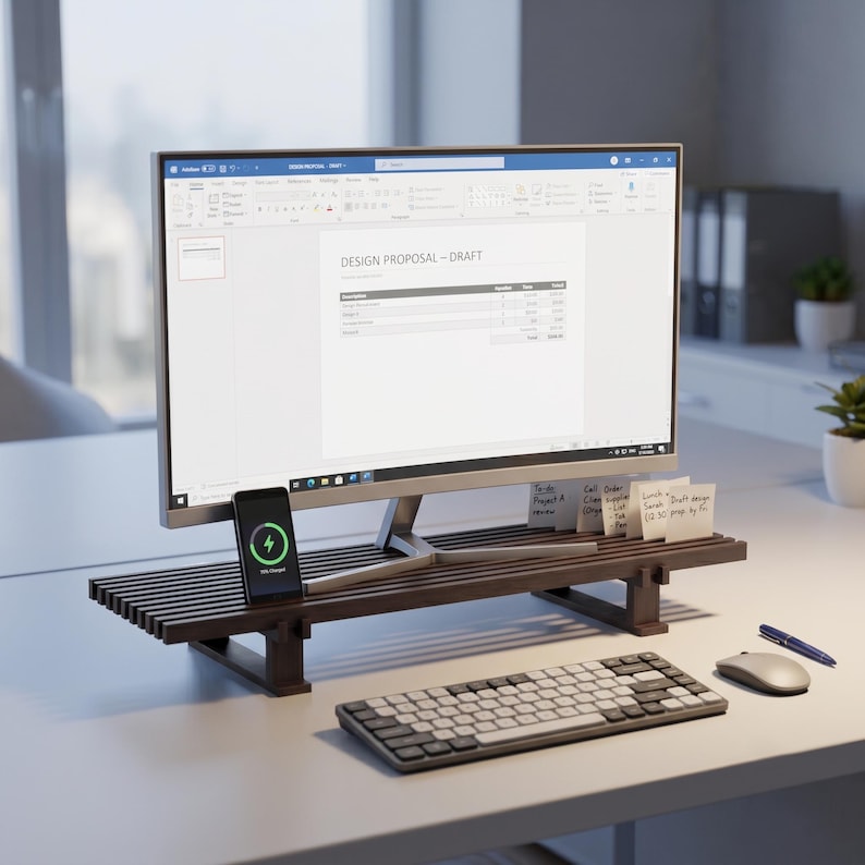 Op de afbeelding: Een donkerbruine monitorstandaard van houten latten ondersteunt een computerscherm met een ontwerpvoorstel. Een smartphone met een groen oplaadicoon staat tegen de standaard, naast verschillende kleine zelfklevende notitieblaadjes.