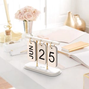 Pink Perpetual Desk Calendar, Turning Calendar, Wood & Metal Calendar white