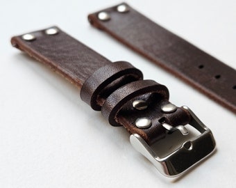 Personalized Dark Brown Watch Strap, Rivet Pilot Watch Band , Handmade Leather Strap,  18 mm, 20 mm, 22mm, 24mm