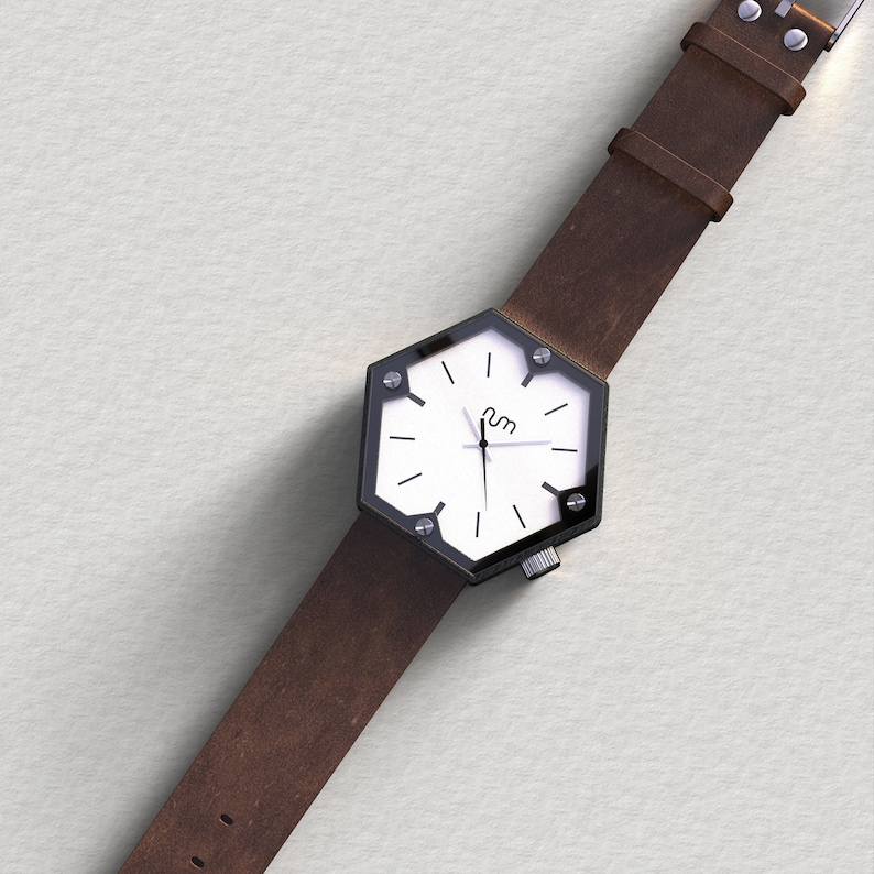 A hexagon wood watch with brown leather strap