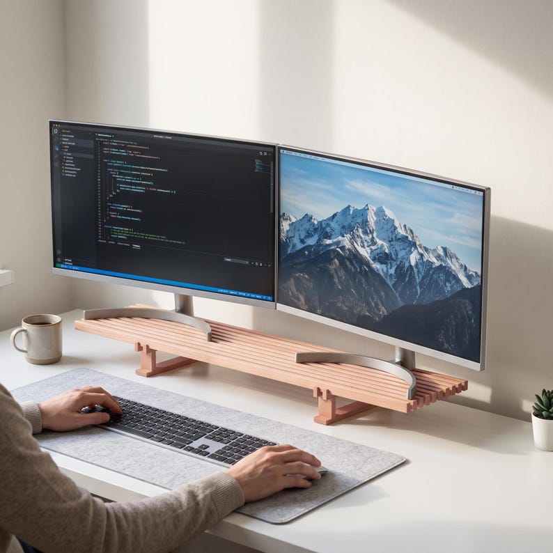 Op de afbeelding: Een lichtgekleurde houten monitorstandaard met een lattenontwerp, die twee naast elkaar geplaatste computermonitoren ondersteunt. Het linkerscherm toont regels code, terwijl het rechterscherm een berglandschap toont. Een grijze vilten bureaumat ligt eronder.