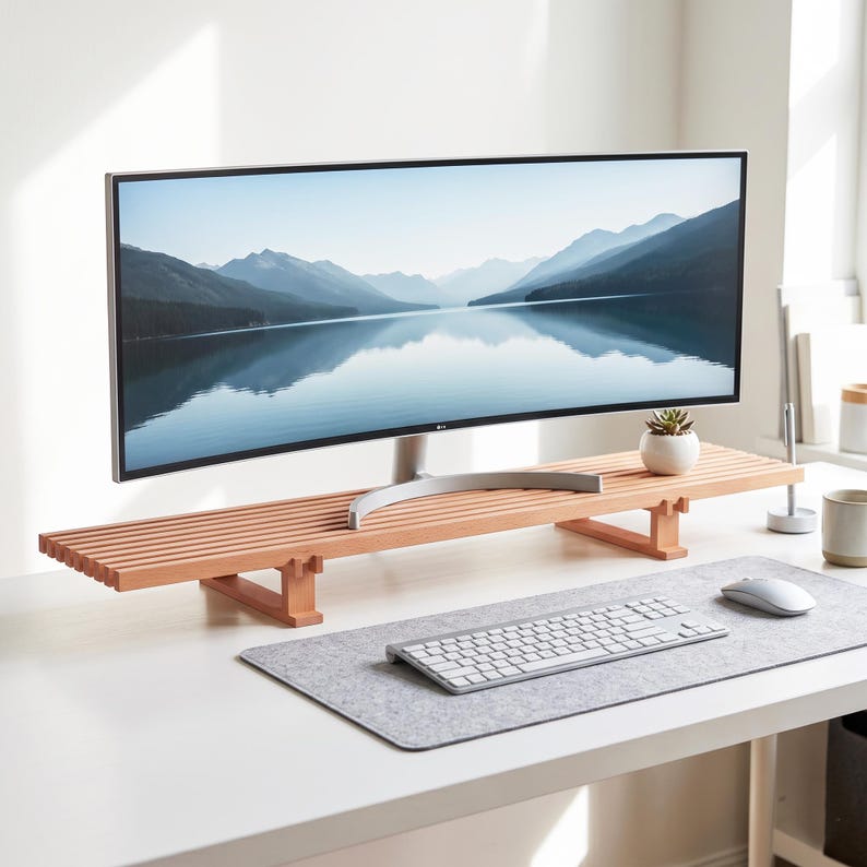 Op de afbeelding: Een monitorstandaard van lichtgekleurd hout met een latjesontwerp, ondersteund door twee rechthoekige poten. De standaard draagt een brede, gebogen computermonitor met een landschap van bergen en een meer, met een toetsenbord en muis ernaast.