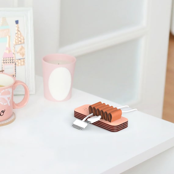 Pink Wood & Leather Cable Organizer, Cord Management for Desk, Cable Holder