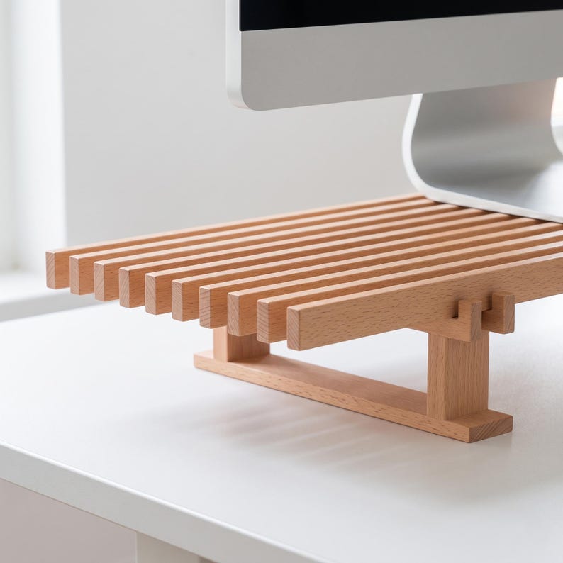 Op de afbeelding: Een monitorstandaard van lichtgekleurd hout met een lattenoppervlak bestaande uit parallelle horizontale staven. De standaard wordt ondersteund door twee verticale poten die verbonden zijn door een horizontale basisbalk voor een verhoogd platform.