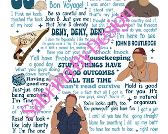 Può includere: Una stampa d'arte digitale con illustrazioni di cartoni animati e citazioni. Il design include frasi come "Bon Voyage!", "Deny, Deny, Deny" e "Rock Bottom", insieme a immagini di una bandiera e un cappello. La tavolozza dei colori è principalmente blu, bianco e beige.