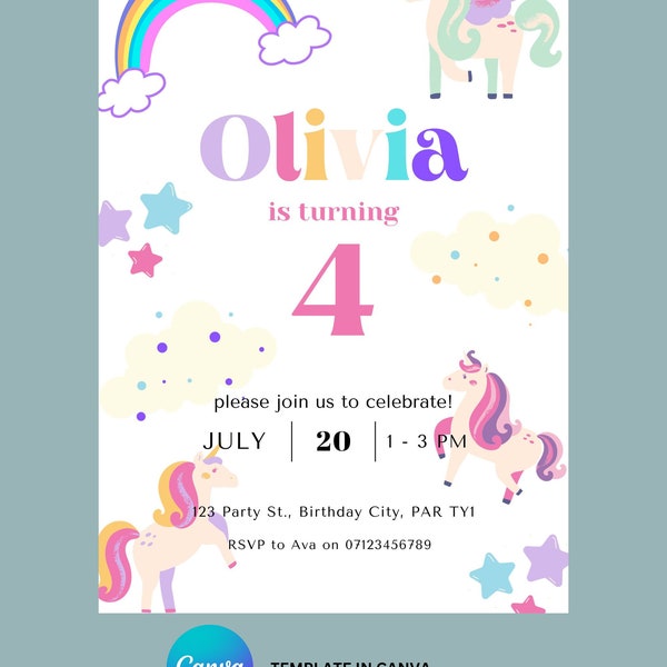 Editable Unicorn Birthday Invitation, Girls Birthday Party Invitation, Unicorn Birthday Party