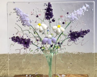Small Cheerful Everlasting Forever Flower Bouquet fused glass Art Picture With Oak Stand