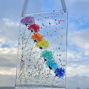 Hanging Whimsical Bright Rainbow Flowers fused glass Art Picture Sun Catcher