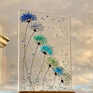 Whimsical Blue mix Flowers fused glass Art Picture Sun Catcher & Wooden Display Stand