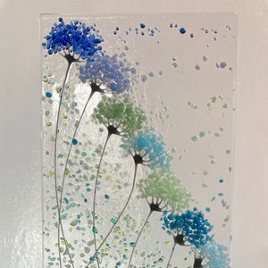 Whimsical Flowers fused glass Art Picture Sun Catcher & Wooden Display Stand