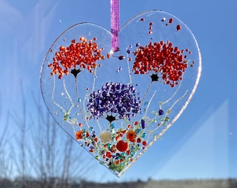 Floral Love heart fused glass hanging sun catcher