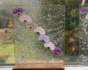 Whimsical Purple and Pink Flowers fused glass Art Picture 7.5 x 6 inches Hanging or with a Stand