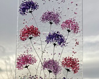 Violet and purples whimsical Flower fused glass Art Picture Sun Catcher & Wooden Display Stand